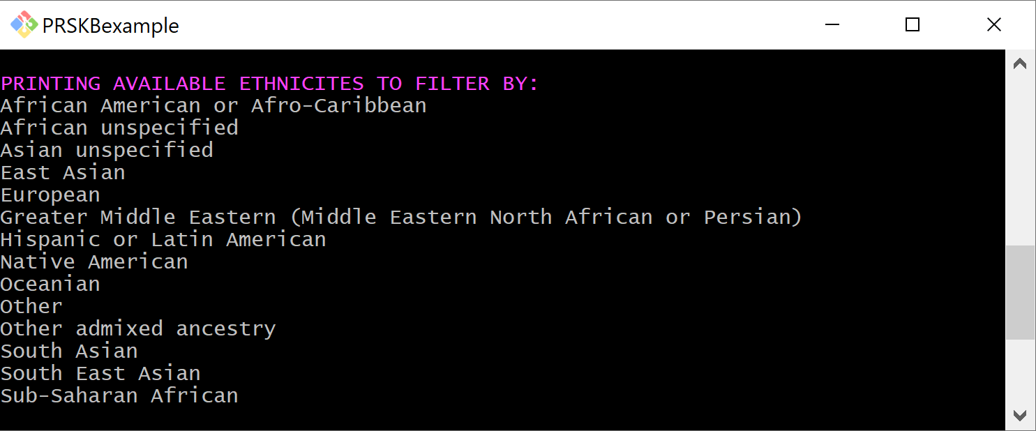 Screenshot showing displayed ethnicities