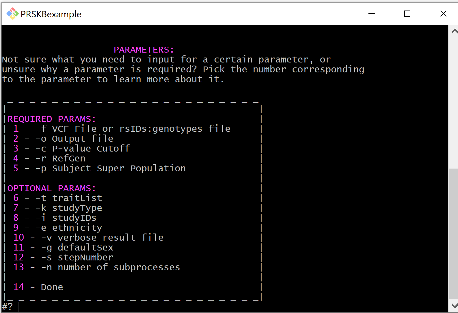 Screen shot of Parameters menu